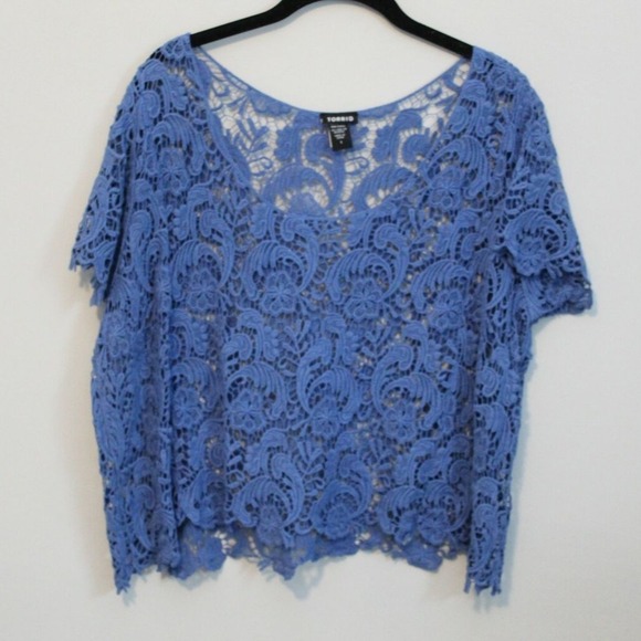 Torrid Crochet Lace Sheer Crop Top Blue Women's 1 1X H10777 - Picture 2 of 7